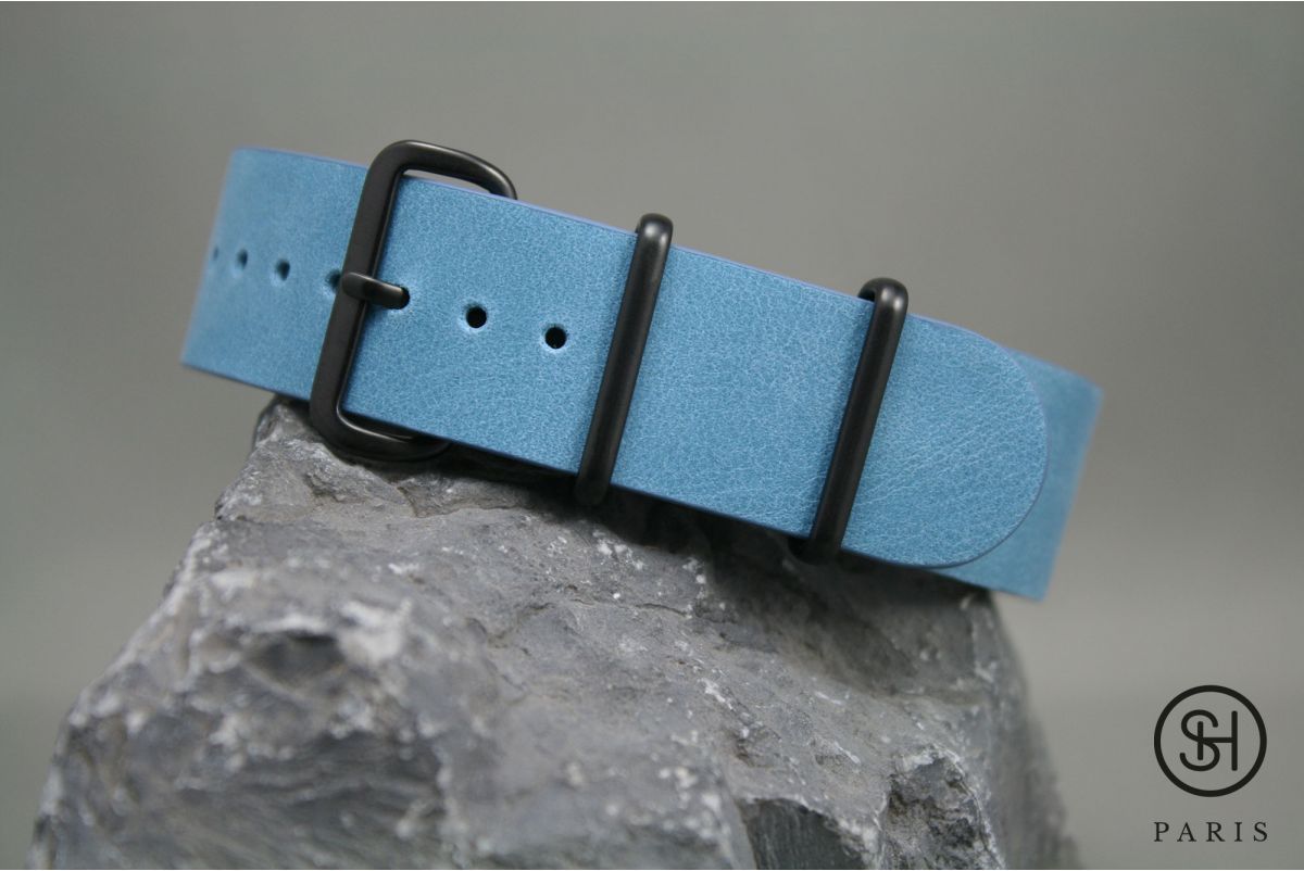 Bracelet montre NATO cuir SELECT-HEURE Bleu Pastel, boucle acier inox PVD noir
