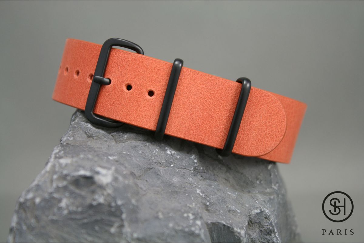 Bracelet montre NATO cuir SELECT-HEURE Orange Tangerine, boucle acier inox PVD noir