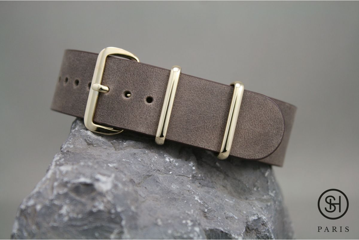 Dark Brown SELECT-HEURE leather NATO watch strap, gold stainless steel buckle