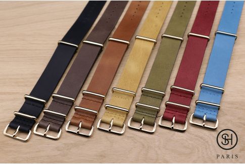 Dark Brown SELECT-HEURE leather NATO watch strap, gold stainless steel buckle