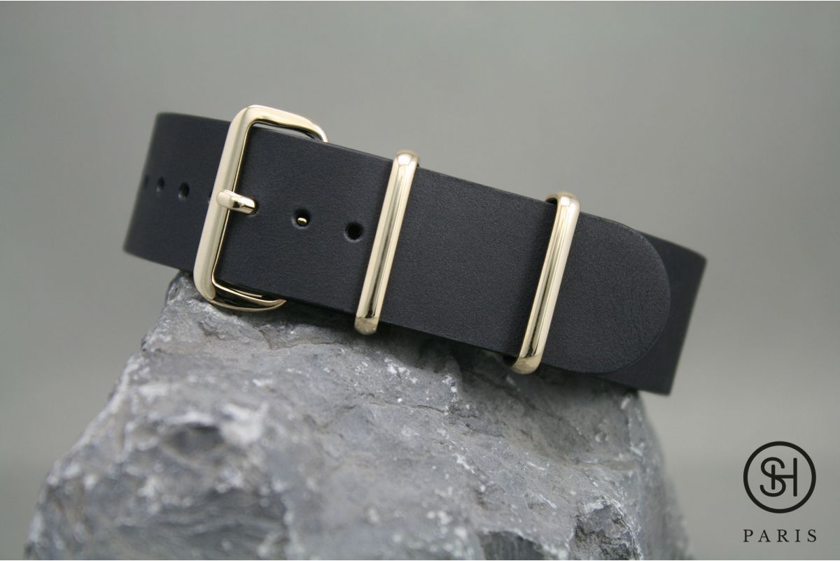 Bracelet montre NATO cuir SELECT-HEURE Noir mat, boucle or (dorées)