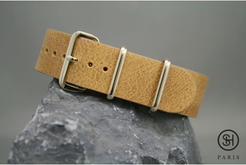 Bracelet montre NATO cuir SELECT-HEURE Miel, boucle or (dorées)