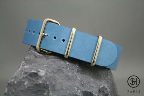 Bracelet montre NATO cuir SELECT-HEURE Bleu Pastel, boucle or (dorées)
