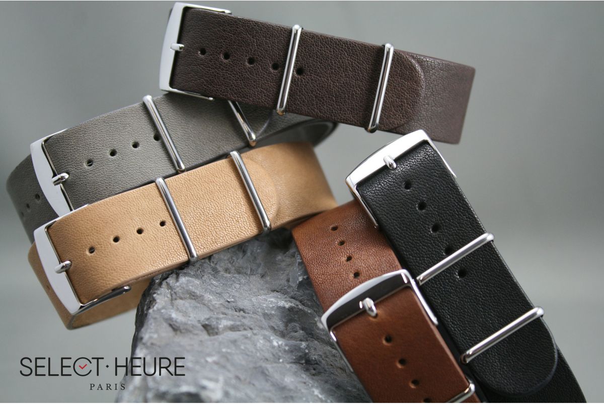 Grey Aviator leather G10 NATO watch strap with leather lining