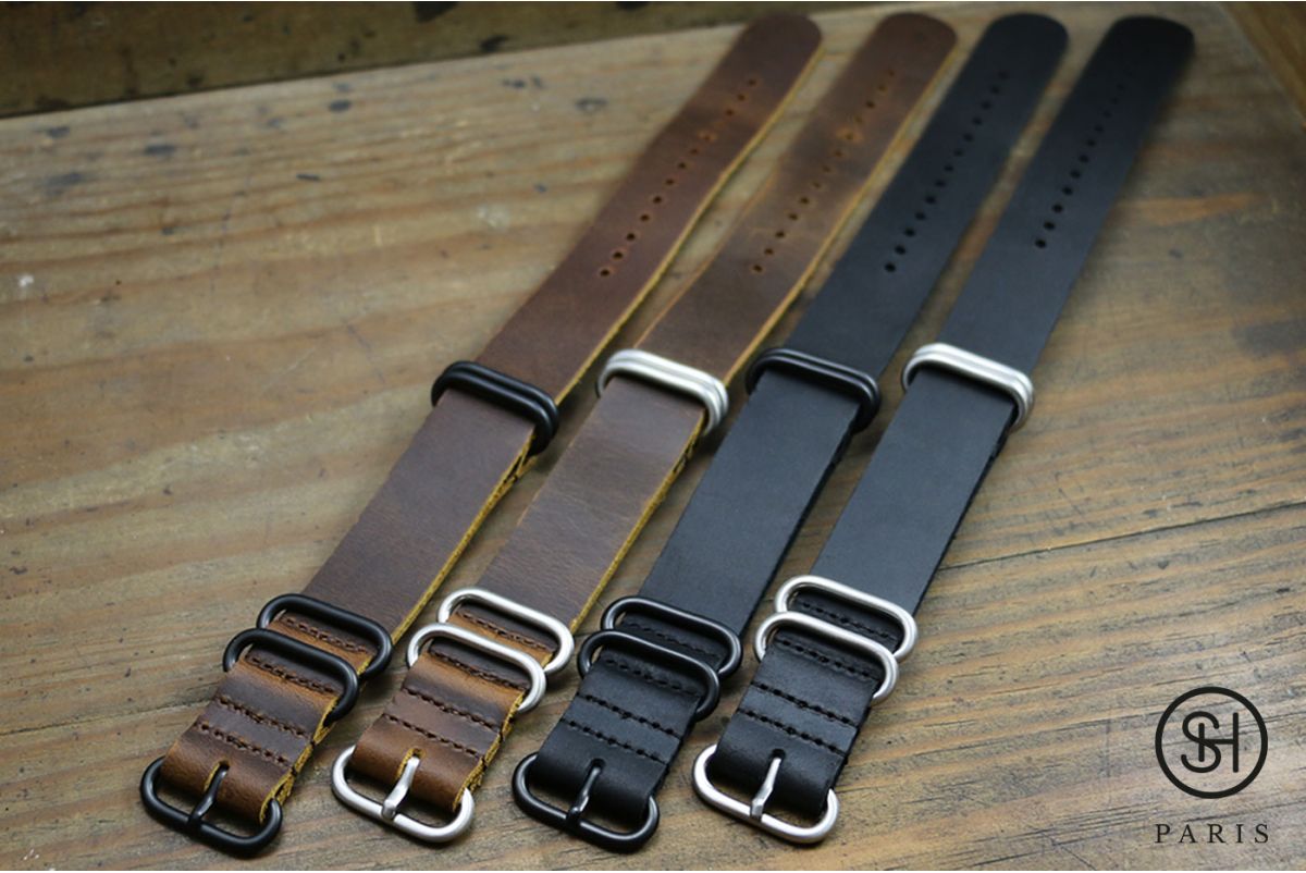 Brown SELECT-HEURE NATO ZULU leather watch strap, PVD buckles (black)