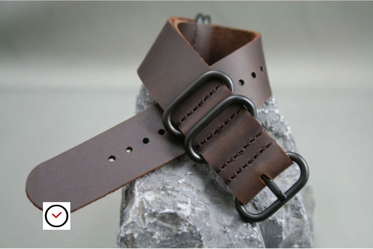 Dark Brown leather NATO ZULU strap, PVD buckle and loops (black)