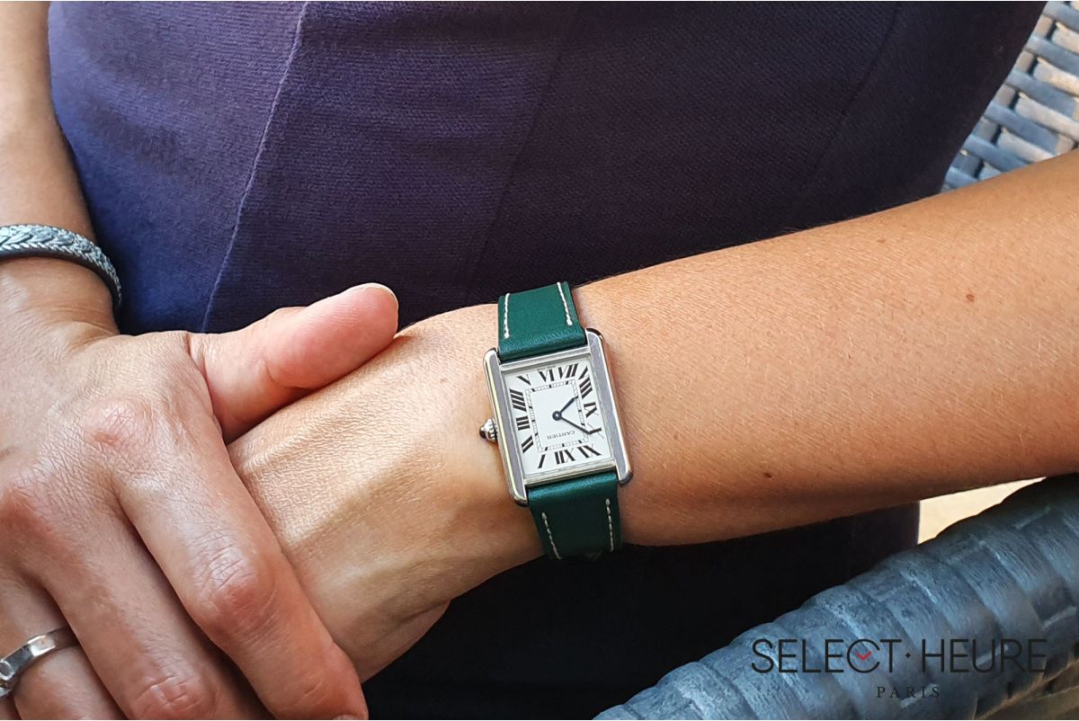 Bracelet montre cuir SELECT-HEURE Vert Anglais pour femmes, pompes rapides (interchangeable)