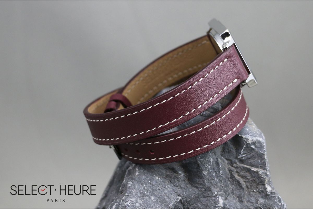 Bracelet montre cuir Double Tour SELECT-HEURE Bordeaux pour femmes, pompes rapides (interchangeable)