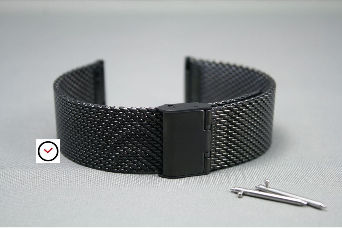 Black milanese watch band, quick release spring bars functional catches