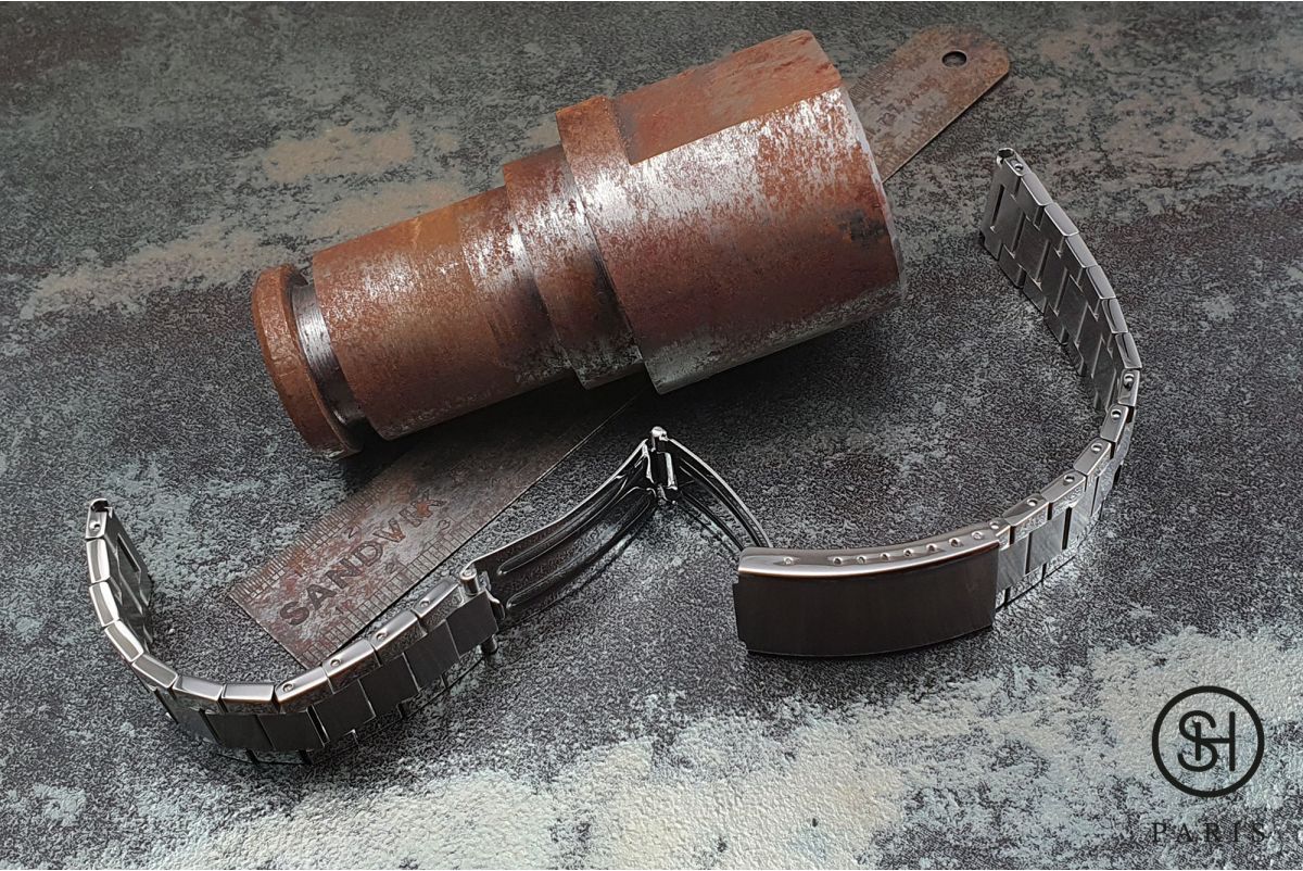 Bracelet montre Vintage "Maillons Plats" dit "Flat Links" en acier inox massif brossé/brillant, boucle déployante avec sécurité 