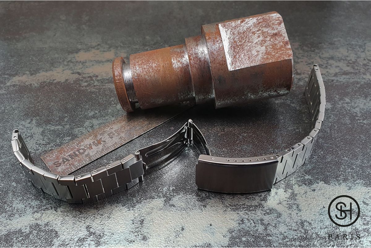 Bracelet montre Vintage "Maillons Plats" dit "Flat Links" en acier inox massif brossé, boucle déployante avec sécurité
