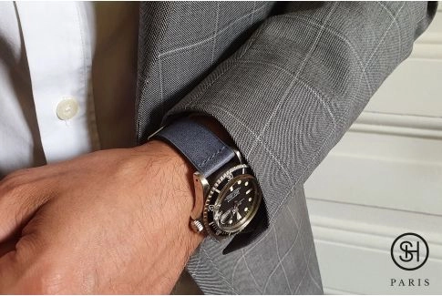 Bracelet montre cuir SELECT-HEURE Denim Gris Bleu, fait main en Italie