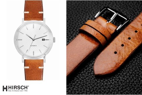 Bracelet montre cuir HIRSCH Bagnore marron or, style vintage (coutures minimales)