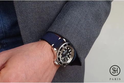 Bracelet montre cuir Suede SELECT-HEURE Bleu Marine coutures minimales avec pompes rapides (interchangeable)