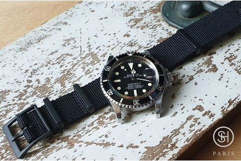 Full Black Canvas nylon SELECT-HEURE NATO watch strap, black PVD buckle