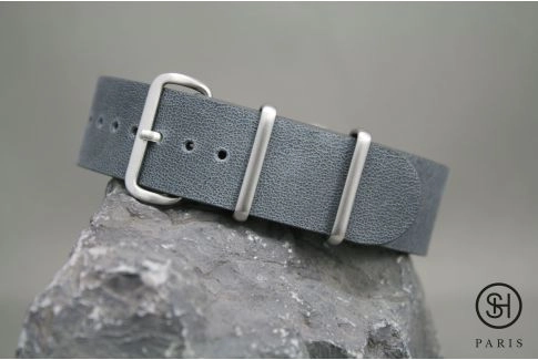 Blue Grey SELECT-HEURE leather NATO watch strap, brushed stainless steel buckle