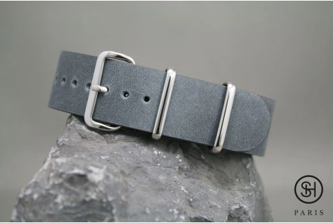 Blue Grey SELECT-HEURE leather NATO watch strap, polished stainless steel buckle