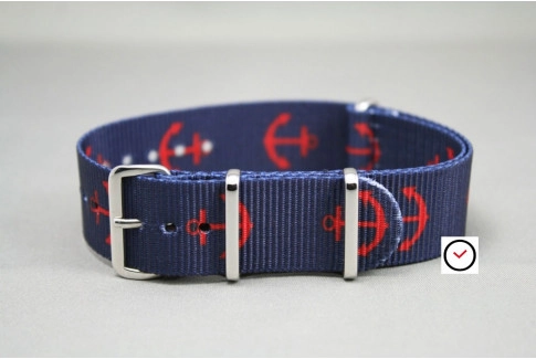 Bracelet nylon NATO Marin (Bleu Marine ancres Rouges)