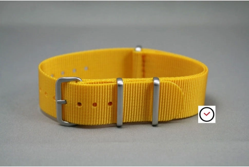 Yellow G10 NATO strap, brushed buckle and loops