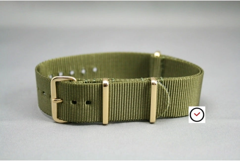 Bracelet nylon NATO Vert Olive, boucle or (dorée)