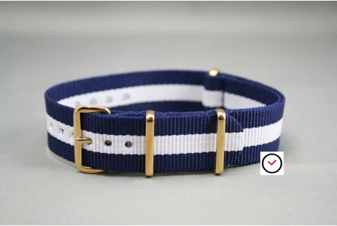 Bracelet nylon NATO Bleu Navy Blanc, boucle or (dorée)