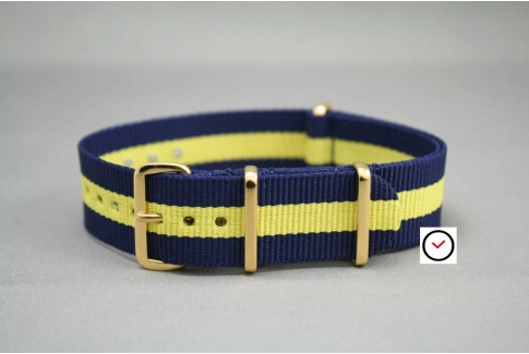 Bracelet nylon NATO Bleu Navy Jaune, boucle or (dorée)