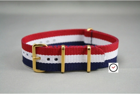Blue White Red "Patriot" G10 NATO strap, gold buckle and loops