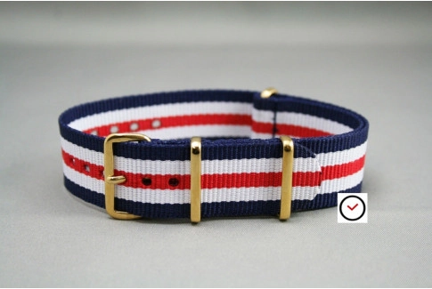 Bracelet nylon NATO Double Bleu Blanc Rouge, boucle or (dorée)