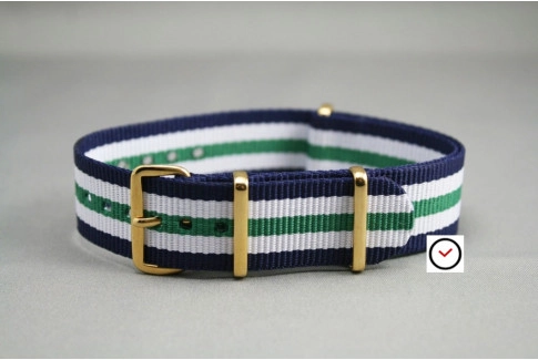 Navy Blue White Green NATO watch strap, gold buckle and loops