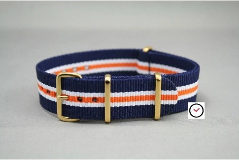 Navy Blue White Orange Heritage G10 NATO strap, gold buckle and loops