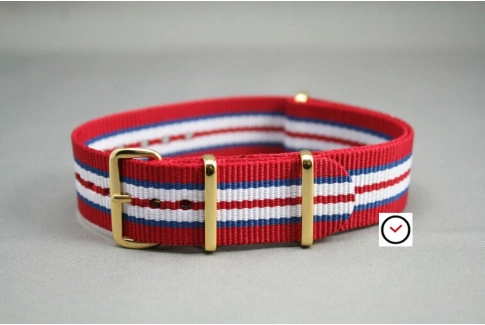 Red Blue White NATO watch strap, gold buckle and loops