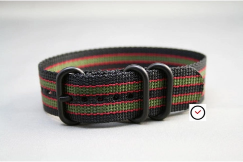 Original Bond ZULU nylon strap - Black Green Red, PVD buckle and loops (black)