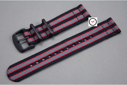 Bracelet montre NATO 2 pièces Bond Noir Gris Rouge, boucle PVD (noire)
