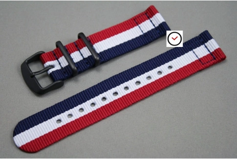 Bracelet montre NATO 2 pièces Tricolore Bleu Blanc Rouge, boucle PVD (noire)