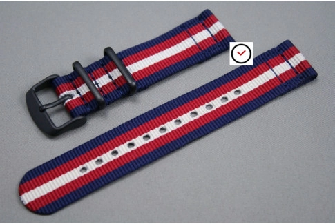 Bracelet montre NATO 2 pièces Bleu Navy Rouge Blanc écru, boucle PVD (noire)