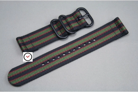 Original Bond 2 pieces ZULU strap, Black Green Red, PVD buckle and loops (black)