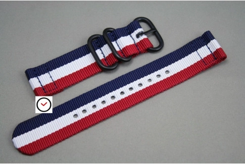 Blue White Red (French flag) 2 pieces ZULU strap, PVD buckle and loops (black)
