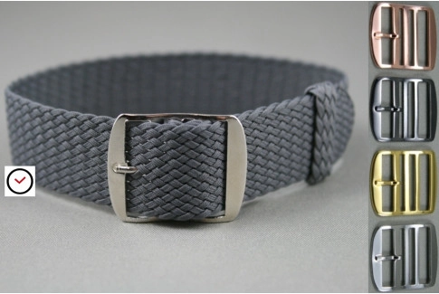Dark Grey braided Perlon watch strap, gold buckle