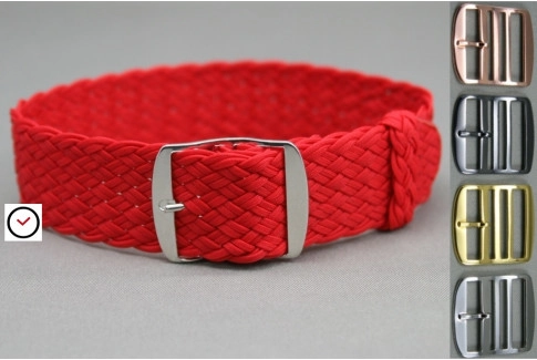 Red braided Perlon watch strap, double yarn weaving
