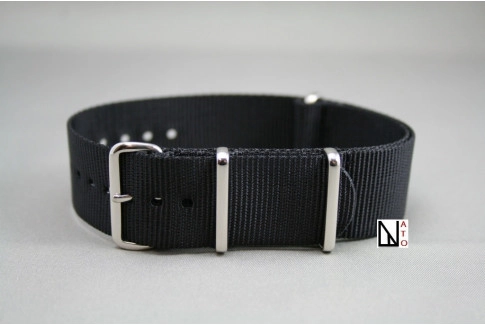 Bracelet nylon NATO Noir, boucle polie