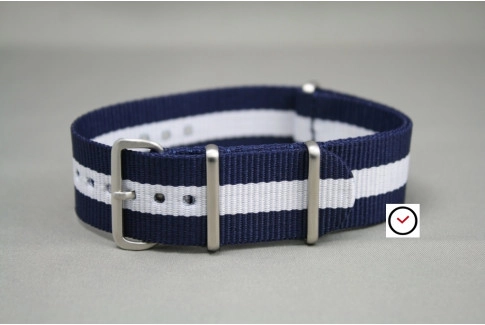Bracelet nylon NATO Bleu Navy Blanc, boucle brossée