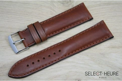 Bracelet montre cuir SELECT-HEURE bombé Marron Or, coutures ton sur ton