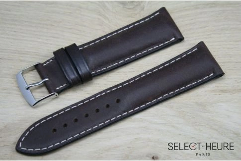 Bracelet montre cuir SELECT-HEURE bombé Marron foncé, coutures écrues
