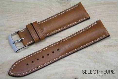 Cognac Brown bulging SELECT-HEURE leather watch strap, ecru stitching