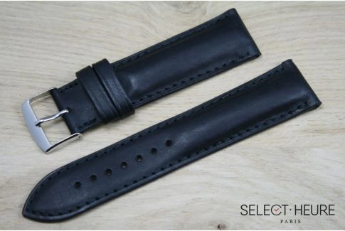 Black bulging SELECT-HEURE leather watch strap, tone on tone stitching