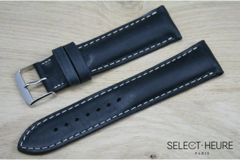 Black bulging SELECT-HEURE leather watch strap, ecru stitching