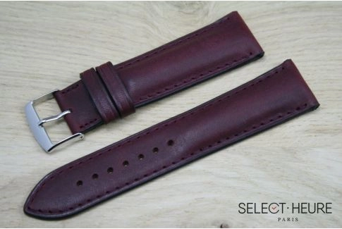 Burgundy Red bulging SELECT-HEURE leather watch strap, tone on tone stitching