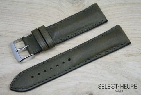 Bracelet montre cuir SELECT-HEURE bombé Vert Kaki, coutures ton sur ton