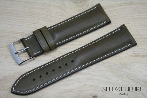 Bracelet montre cuir SELECT-HEURE bombé Vert Kaki, coutures écrues