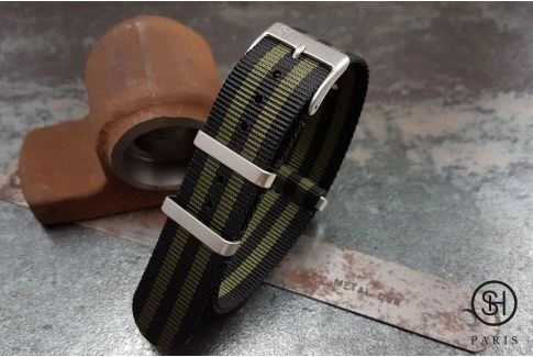 Black Military Green James Bond SELECT-HEURE nylon NATO watch strap, square brushed stainless steel buckles